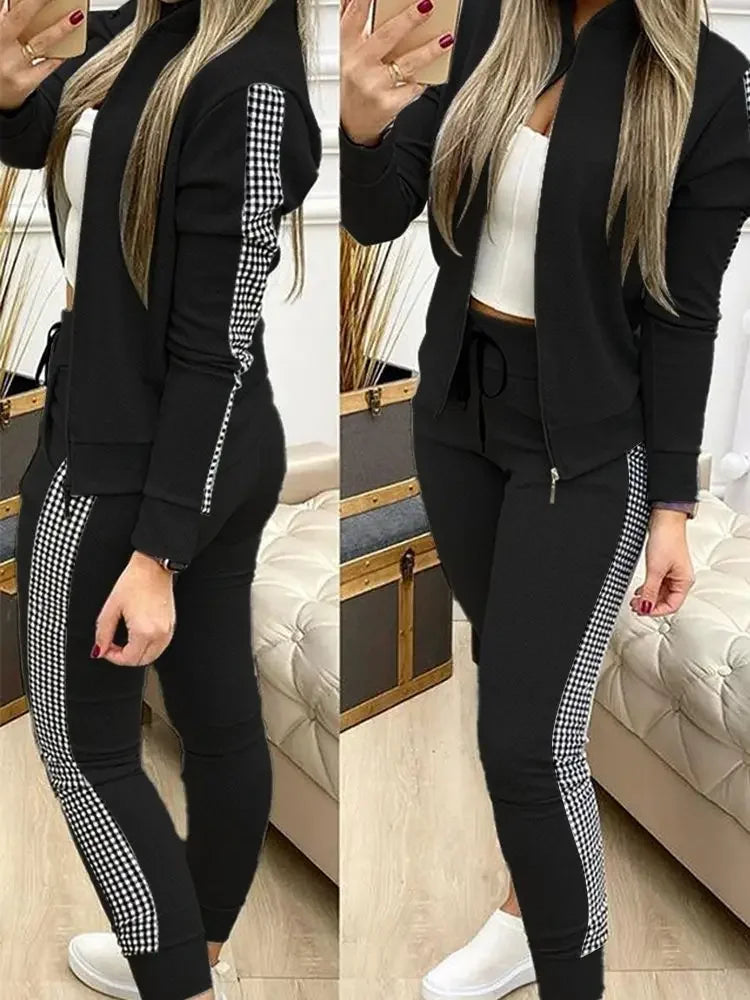 Conjunto Feminino com 2 Peças, Camisa e Calça com Zíper, Terno Esportivo e Casual