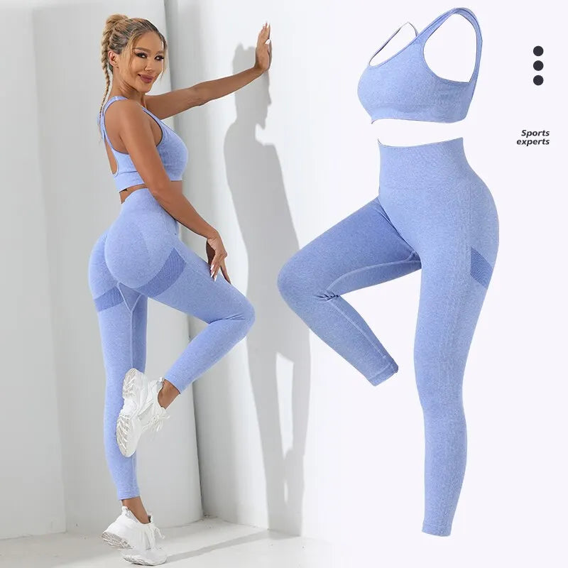 Conjunto Feminino para Academia, Ioga e corrida com 2 peças sem costura, leggings que abraçam o quadril e controlam a barriga