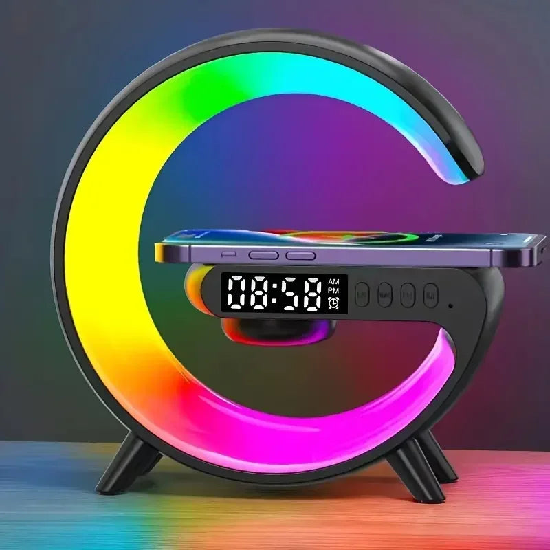 Suporte Carregador sem Fio Multifuncional, luz RGB, despertador, alto-falante, para iPhone, Samsung, Xiaomi, Mini estação de carregamento rápido