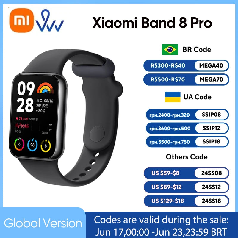 Relógio Xiaomi-Mi Band 8 Pro, Versão Global, Pulseira de Fitness 1.74 "AMOLED, GPS, Oxigênio no Sangue, Banda Inteligente, Bateria 14 Dias