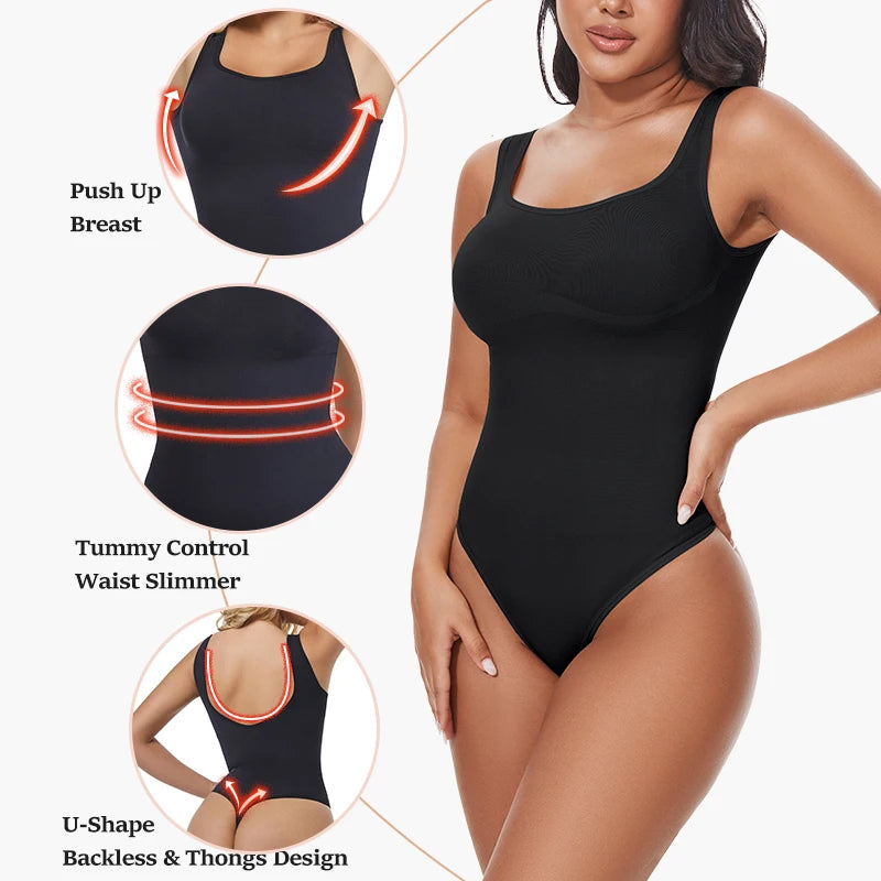 Body Feminino Controle de Barriga, Sem Mangas, Gola Quadrada, Regata sem Costas, Modelador