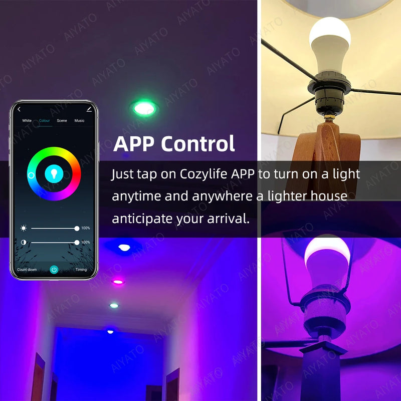 Lâmpada inteligente WiFi 15W E27 LED RGB funciona com Alexa Google Home Alice Controle de voz RGB+CW+WW Função de temporizador regulável