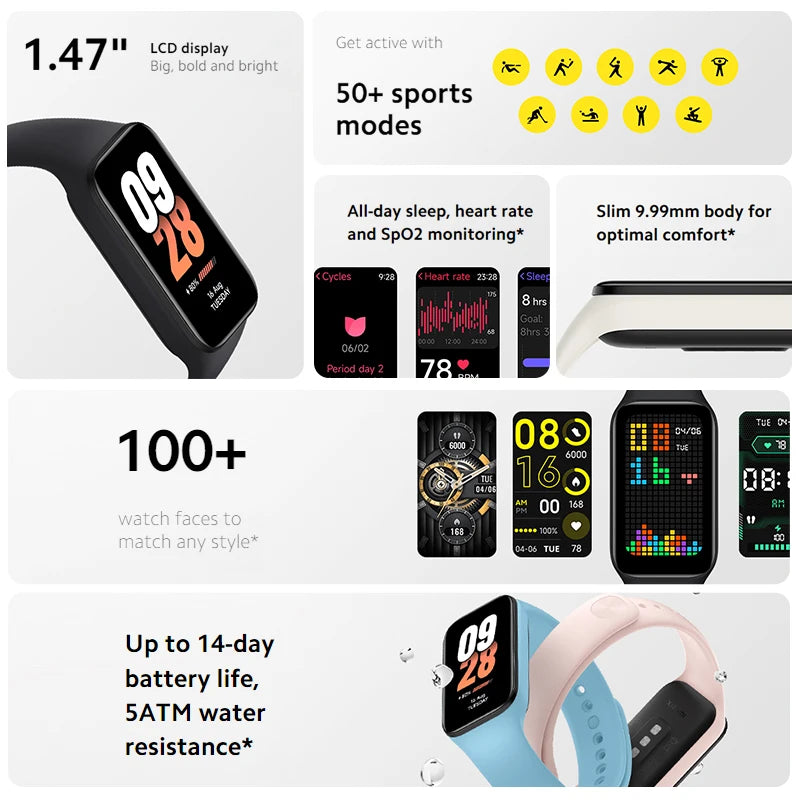 Relógio Mi Band Smart Active 1,47" Nova Versão Global Pulseira Inteligente, Relógio inteligente, Fitness, Pulseira Impermeável, 50 Modos Esportivos