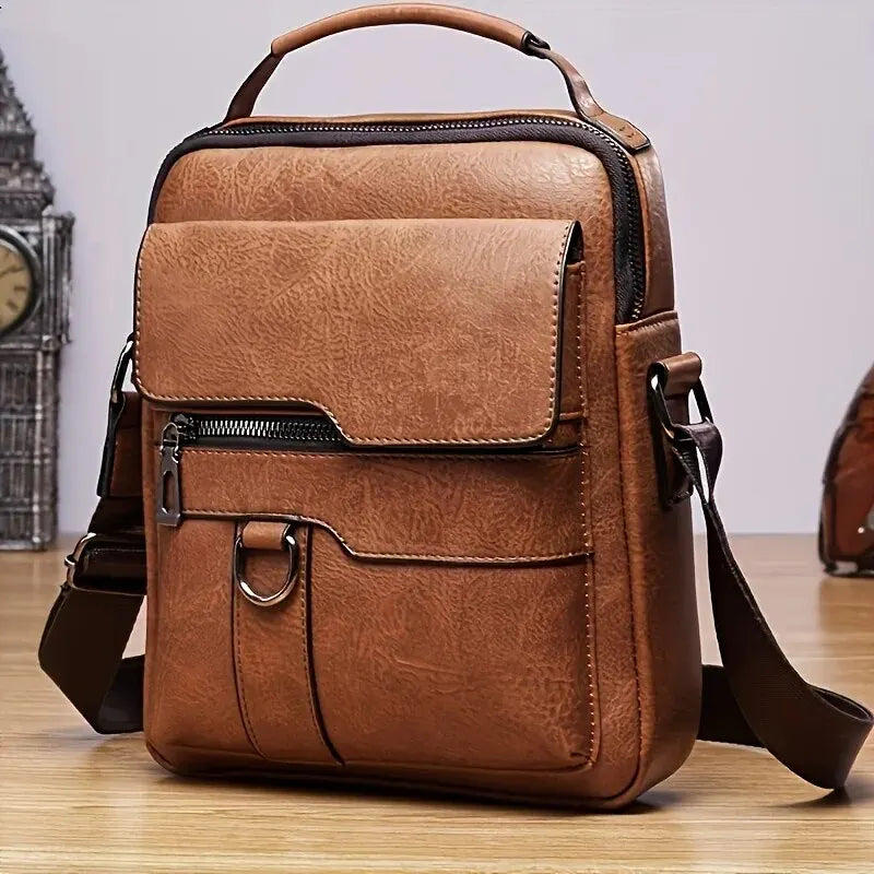 Bolsa de Ombro Masculina de Couro PU, Transversal, Aba de Negócios e de Viagem