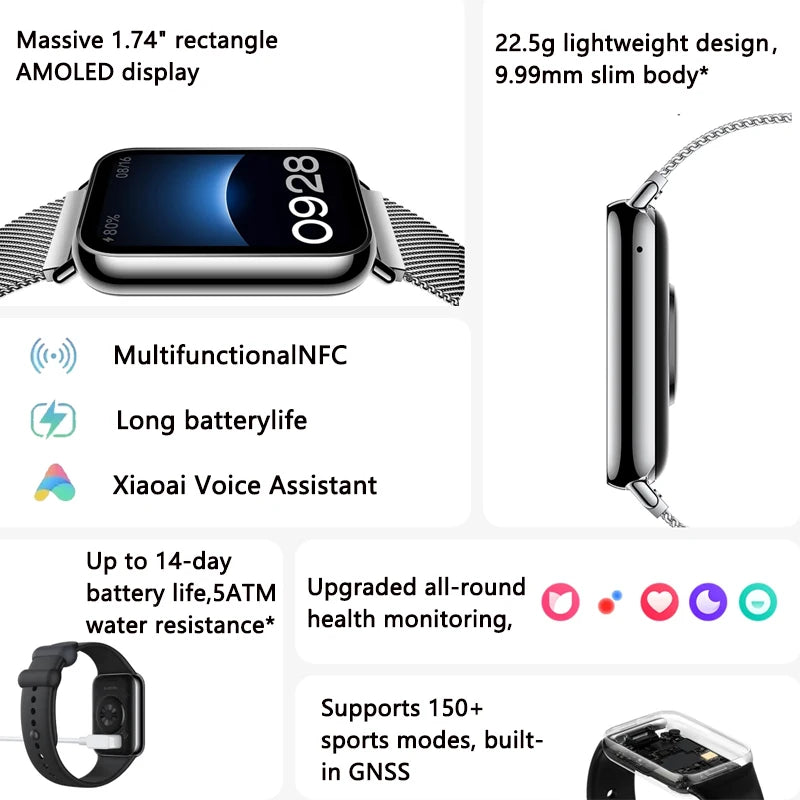 Relógio Xiaomi-Mi Band 8 Pro, Versão Global, Pulseira de Fitness 1.74 "AMOLED, GPS, Oxigênio no Sangue, Banda Inteligente, Bateria 14 Dias