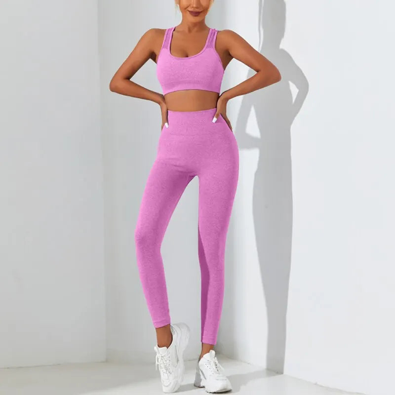 Conjunto Feminino para Academia, Ioga e corrida com 2 peças sem costura, leggings que abraçam o quadril e controlam a barriga