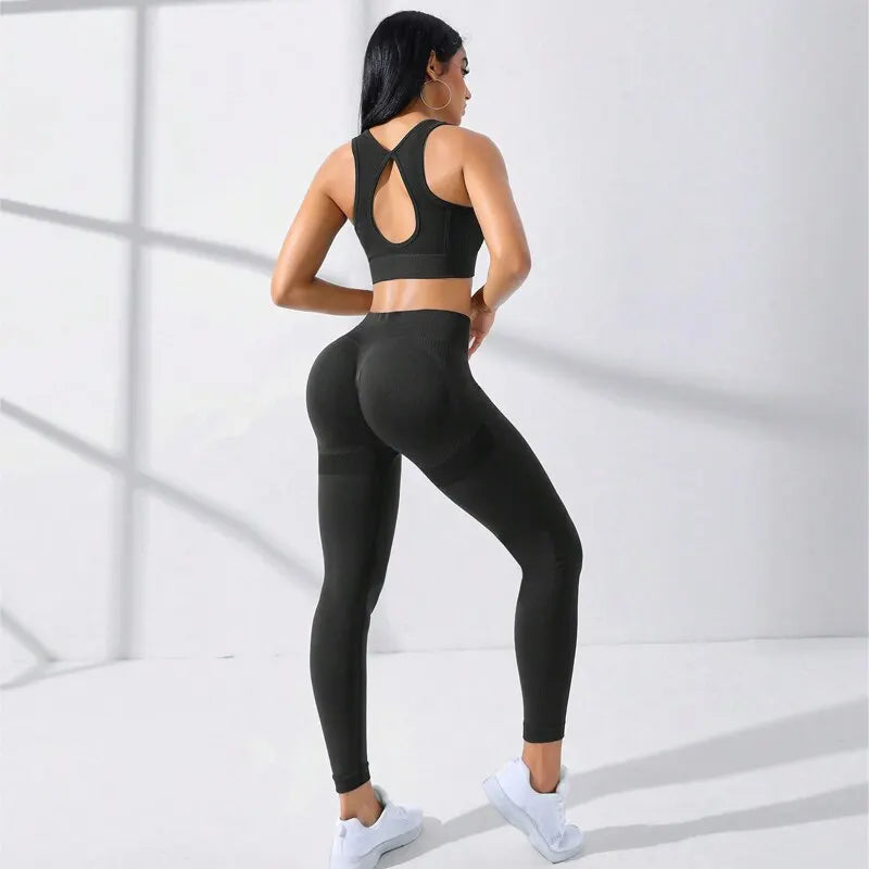 Conjunto Feminino para Academia, Ioga e corrida com 2 peças sem costura, leggings que abraçam o quadril e controlam a barriga