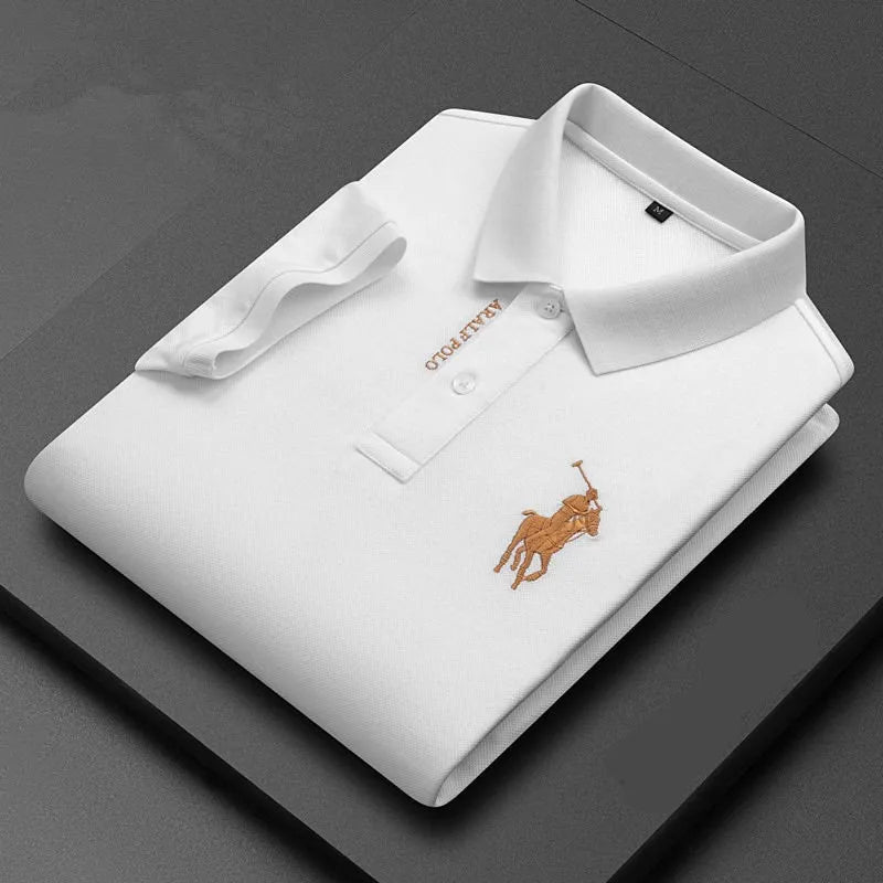 Camisa Polo de manga curta bordada masculina de algodão, casual, empresarial e respirável