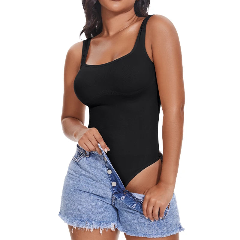 Body Feminino Controle de Barriga, Sem Mangas, Gola Quadrada, Regata sem Costas, Modelador