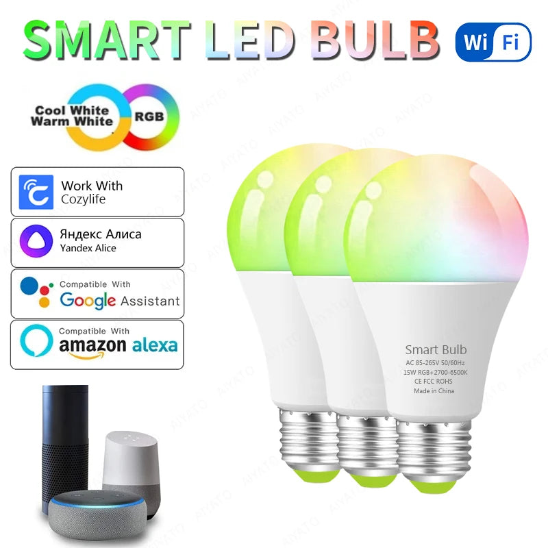 Lâmpada inteligente WiFi 15W E27 LED RGB funciona com Alexa Google Home Alice Controle de voz RGB+CW+WW Função de temporizador regulável